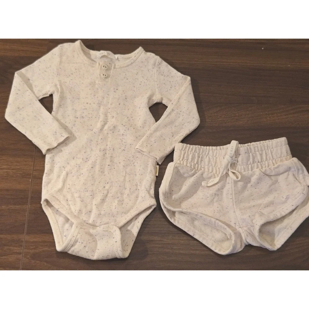 Jamie Kay‎ Kids 1Y Organic Cotton Ribbed Bodysuit Shorts Headband Set Speckled